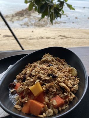 Chia seed bowl topped with fruit and granola  at The Shell Lounge in Koh Phangan