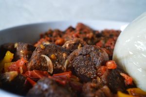 Casa Vegan Plant based chunks made in a traditional Nigerian meal - Pounded yam with Efo riro
 at Casa Vegan in Lagos