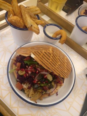 Vegan "beef" pita (Delux menu includes drink, fries and onion rings or fried avocado chunks) at Kwat - Kebab With A Twist in Antwerpen