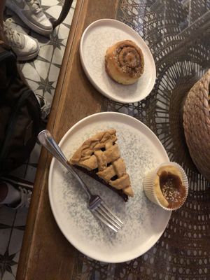 cherry pie, caramel tart and cinnamon roll  at Coffee Place in Tbilisi