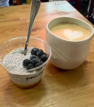 Чиа пудинг с маракуей и латте  at Coffee Place in Tbilisi