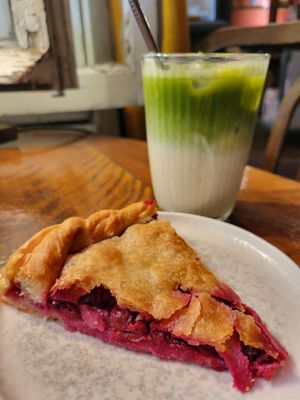 Cherry tart and iced matcha at Coffee Place in Tbilisi