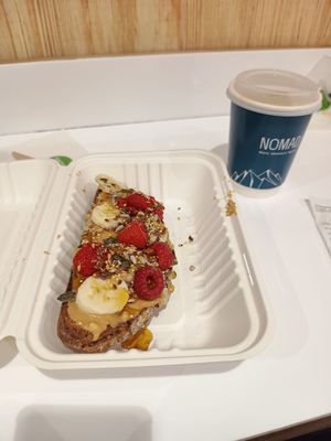 Chunky Nut Butter toast and oat milk latte at DUB - Nomad - T1 in Dublin