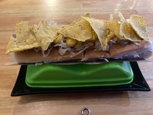 Hot dog ("pancho") and toppings at Vegan Palermo in Buenos Aires