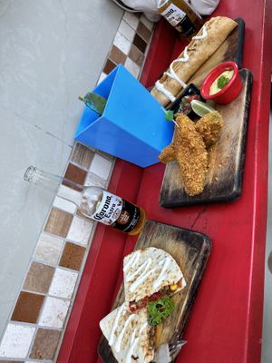 Quesadillas, burrito and fried avo  at La Taqueria in Bocas Del Toro
