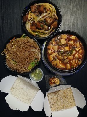 Mei fun noodles (no egg)
Chili garlic potatoes 
Spicy Tofu 
(Comes with white or brown rice)  at Teng's Restaurant in Levittown