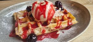 Cherry bakewell waffle at Madame Waffle in Lincoln