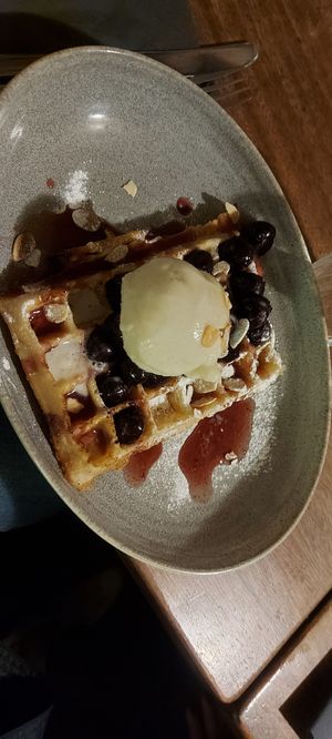 Cherry bakewell waffle at Madame Waffle in Lincoln