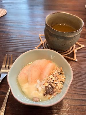 soy yogurt and peaches (part of vegan breakfast) at Yuzaka - Natural & Sustainable Inn in Kazuno