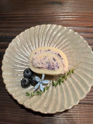blueberry rice roll cake (part of vegan course meal) at Yuzaka - Natural & Sustainable Inn in Kazuno