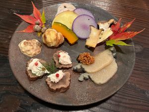 vegan dinner: appetizer plate at Yuzaka - Natural & Sustainable Inn in Kazuno