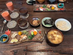 vegan breakfast part 1: smoothies, rice, miso soup, and various side dishes at Yuzaka - Natural & Sustainable Inn in Kazuno