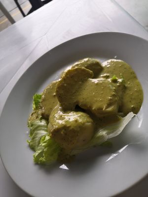 Local dish with a very delicious peanut/Herby sauce at Noqa Vegan in Lima