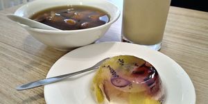 3/2/2018 Organic soy milk + fruit konyakku - RM4.90,  sweet potatoes soup dessert - RM3.50 at The Leaf 绿叶坊 - Georgetown in Penang