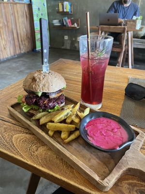Beetroot Burger with Rosemary Combucha  at Eco Taste in Gerokgak