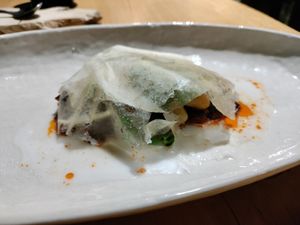 Papaya ratatouille with sweet potato gnocchi underneath. A good dish at Diacá in Guatemala City