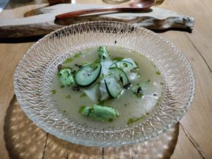 Delicious soup with shaved local pumpkin, pea pate, and other herby flavors at Diacá in Guatemala City