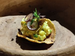 Corn tostada topped with grape at Diacá in Guatemala City