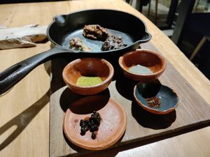 The only dish with high protein: 3 beans prepared in different ways. One condiment was taken away because it had honey. at Diacá in Guatemala City