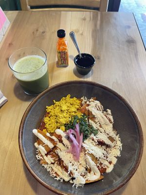 Chilaquiles con tofu  at Changos Veganos in Mexico City