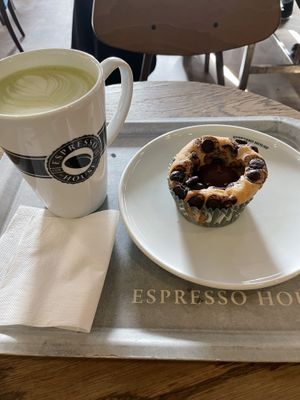 Oat milk vegan matcha latte and caramel muffin  at Espresso House - Kungsgatan in Umea