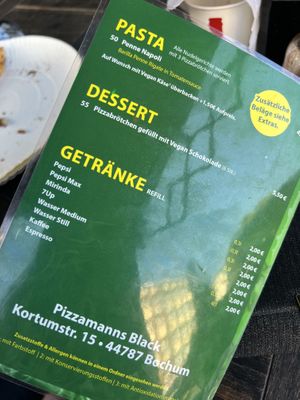 Vegane Pasta, Dessert und Getränke (refill)  at Pizzamanns Black in Bochum
