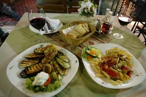 Grilled veg plate and veg pasta at Sadrvan in Mostar