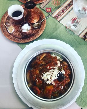 Duvec dish.
 Bosnia coffee on the side. Comes with Turkish delight (wasn’t sure if vegan so BF ate it)  at Sadrvan in Mostar