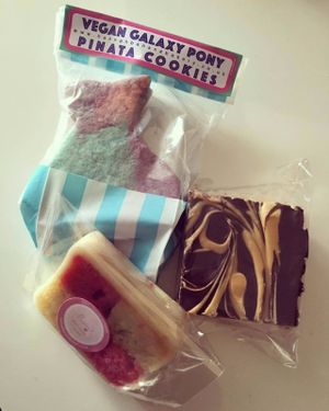 Pinata cookie, battenberg and peanut butter, chocolate crispie square bar! at Hannah Banana Bakery in Southampton