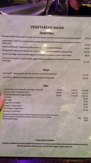 Vegetarian/vegan menu at My Thai Lounge in Queenstown