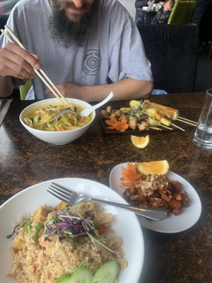 Coconut tempeh closest to me, skewers next to Matt   at My Thai Lounge in Queenstown