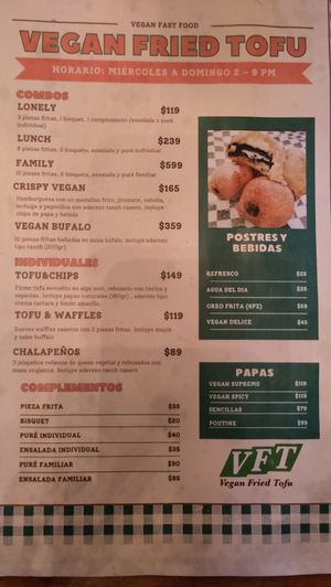 Menu at VFT Vegan Fried Tofu - temporarily closed in Mexico City