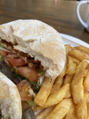Vegan chicken burger and chips   at Happy Place  in North Ward