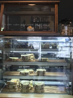 toastie and cake cabinet, vegan options well marked  at Grumbling Goose in Belgrave