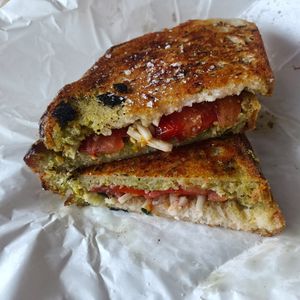 Vegan Italian toastie (pesto, tomato, cheeze) at Grumbling Goose in Belgrave