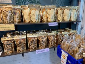 Crispy snacks  at Boonniyom Santi Asoke Market ตลาดบุญนิยมสันติอโศก in Bangkok