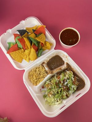 Vegan Flautas, rice and beans, chips and salsa  at Ajua! in Los Banos