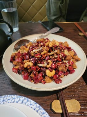 Szechuan red pepper "chicken" at Mott 32 卅二公館 in Central Singapore