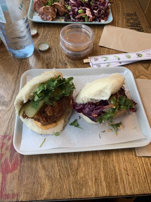 Left crispy vegan chicken bao , right tofu hoisin bao  at han west in Berlin
