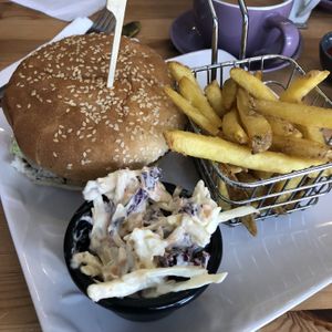 Moving Mountains burger with vegan cheese, vegan coleslaw and fries  at Sip Coffee in Richmond