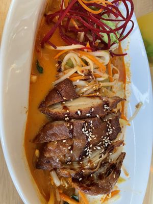 Udon curry with crispy duck  at Veganam in Kiel