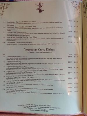 Vegetarian Menu 3, notes vegan items at The Old Siam in Jacksonville