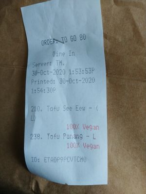 Receipt notes Vegan items at The Old Siam in Jacksonville