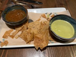 Free chips and dips. The salsas were very good at LUNA Mexican Kitchen in Campbell