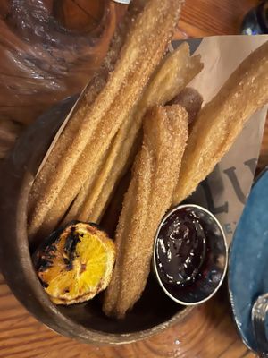 Churros that was veganized. Chocolate sauce was replaced with a berry sauce at LUNA Mexican Kitchen in Campbell