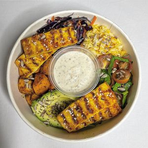 Soul Cleanser - Grilled Paprika & Turmeric Sesame Seed Tofu, Avocado, Ginger & Lemon Basmati Rice, Baked Mixed Herbs Sweet Potato cubes, Red Cabbage & Carrot salad, Spinach & Cherr at Veganmami - Cloud Kitchen in Manchester