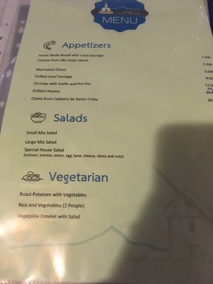 Menu with vegetarian offer at Fornos de Lava in San Jorge