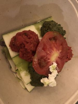 Heirloom tomato and zucchini raw lasagnas   at Besina in Providence