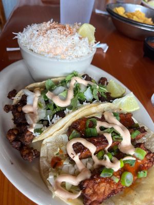 Vegan Street corn. Vegan chorizo taco & vegan tempeh taco  at TacoLu in Jacksonville Beach