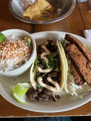 Street corn, chorizo taco, tempeh taco.  All vegan and so good!   at TacoLu in Jacksonville Beach